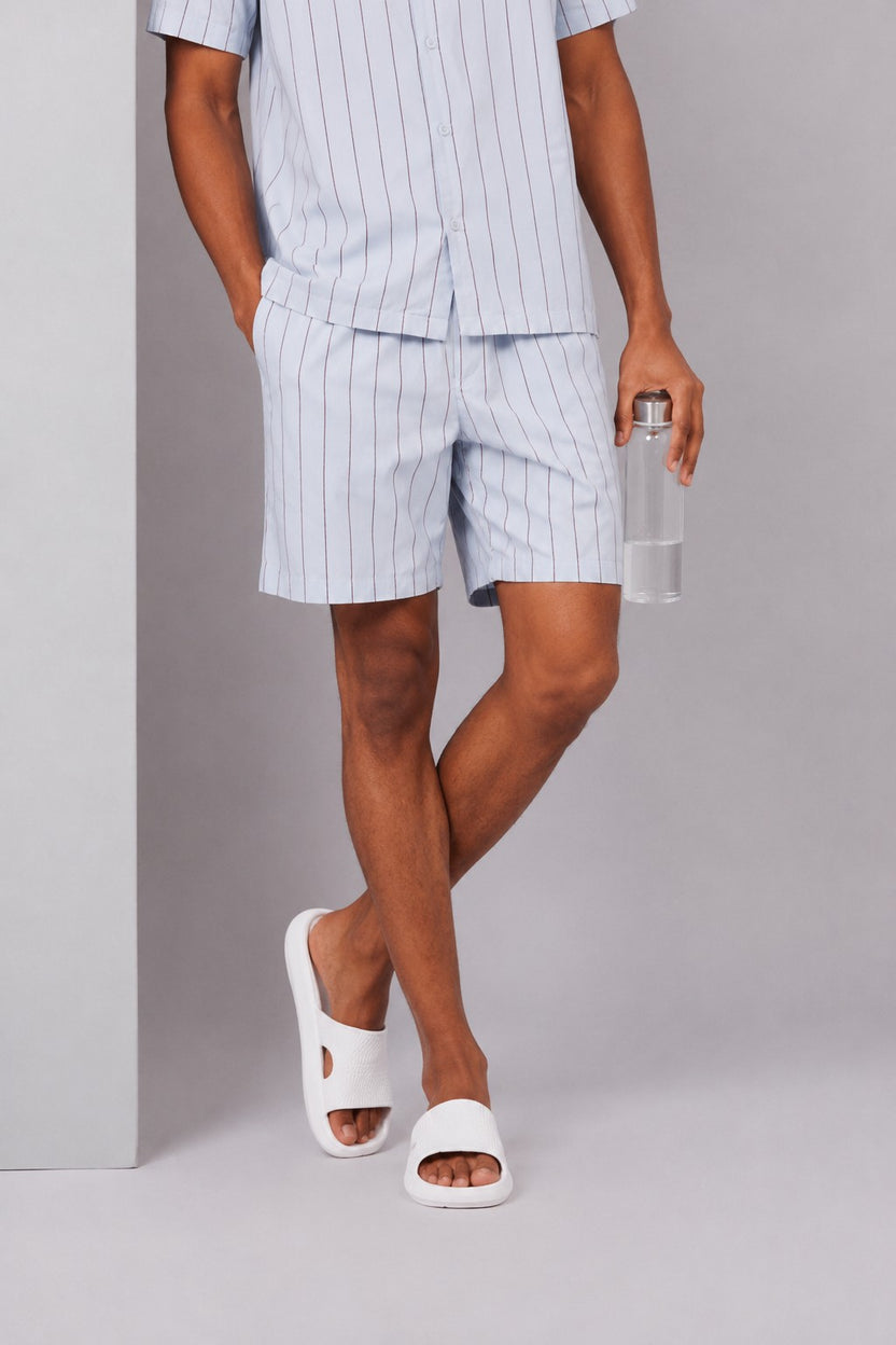 Mens Regular Fit Light Blue Striped Shorts - Image 1