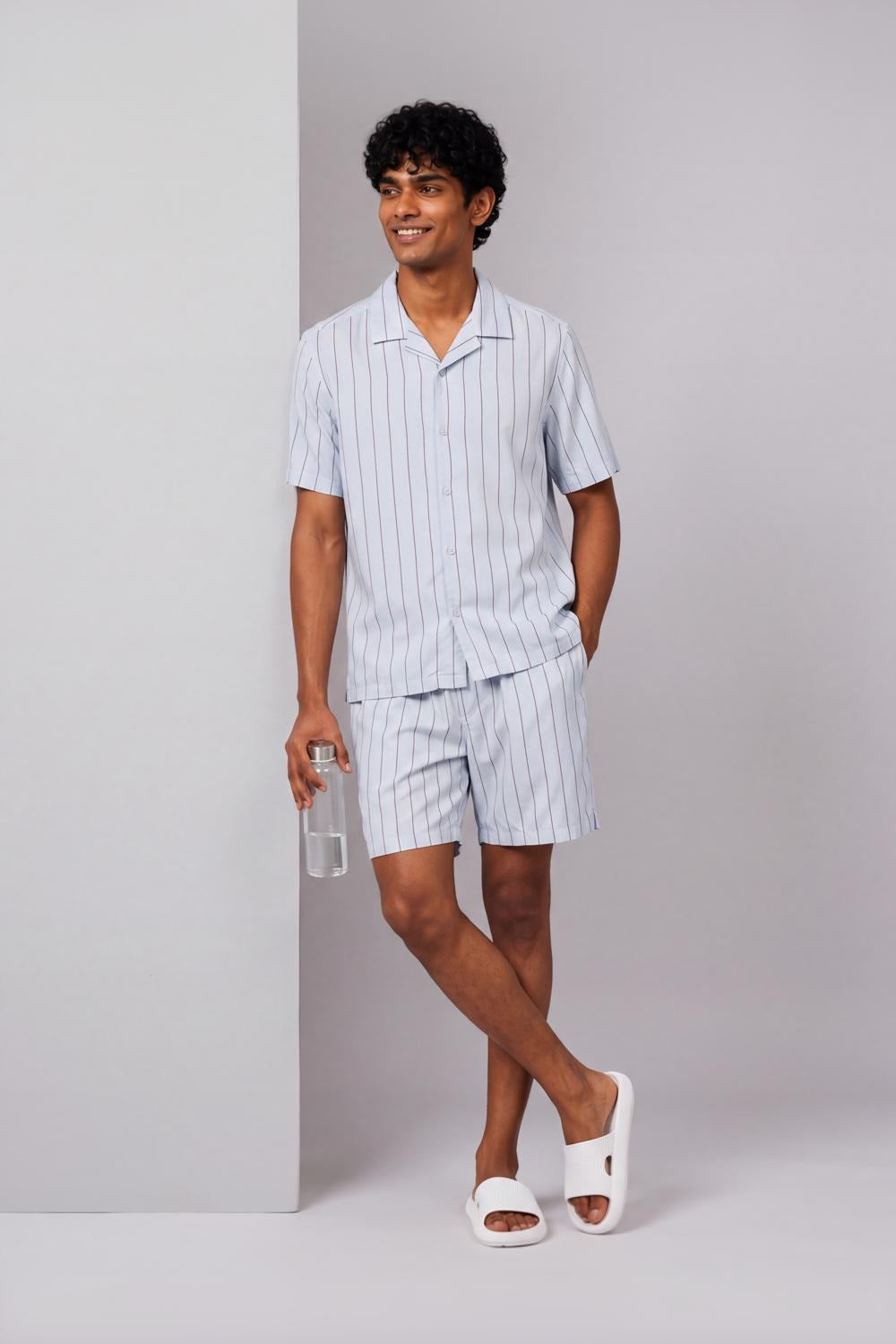 Mens Regular Fit Light Blue Striped Shorts - Image 6