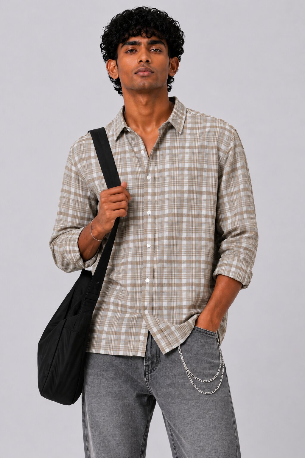 Mens Beige Checkered Cotton Regular Fit Shirt - Image 1