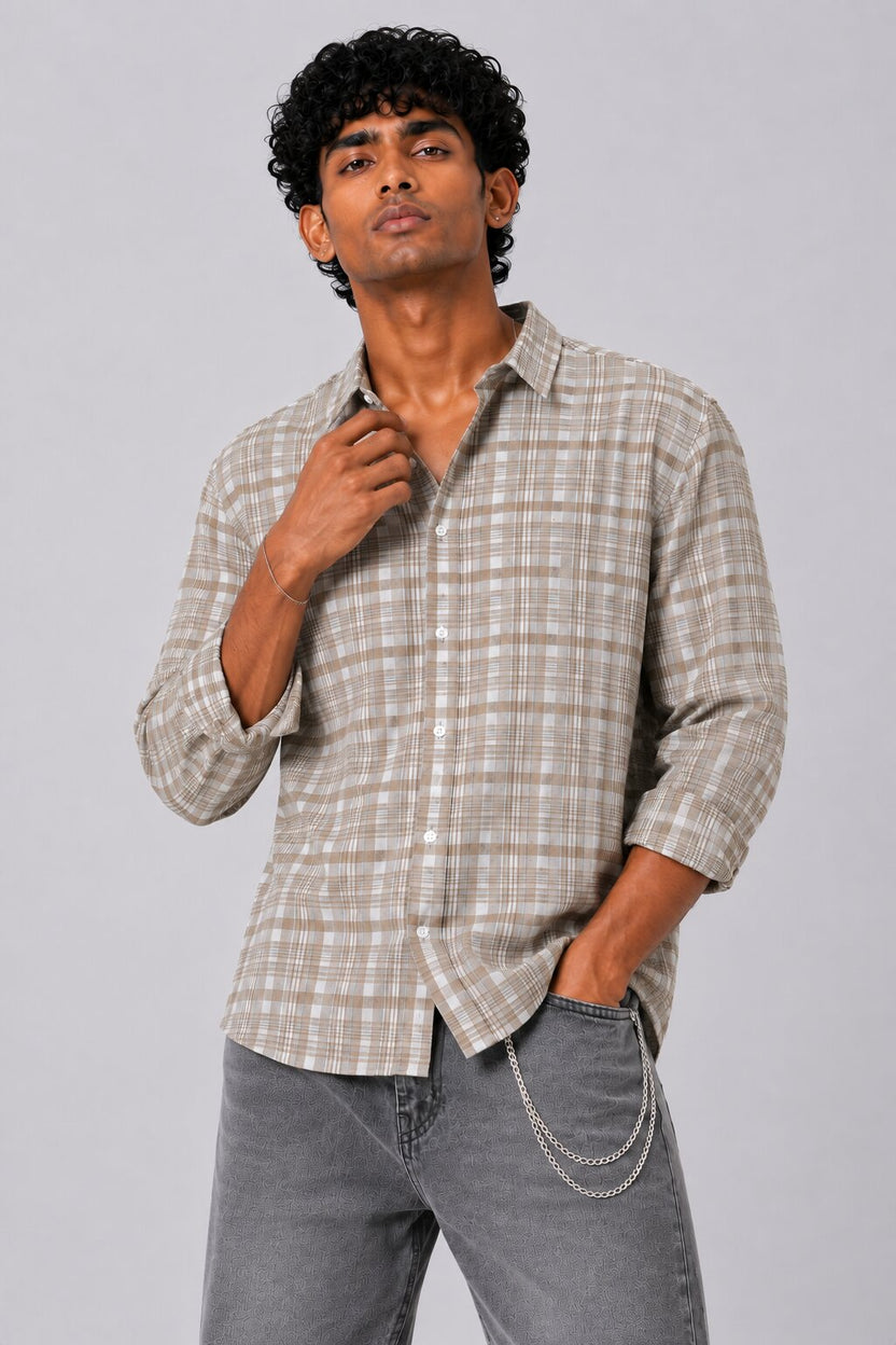Mens Beige Checkered Cotton Regular Fit Shirt - Image 2