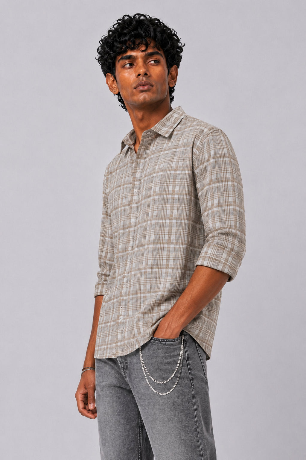 Mens Beige Checkered Cotton Regular Fit Shirt - Image 4