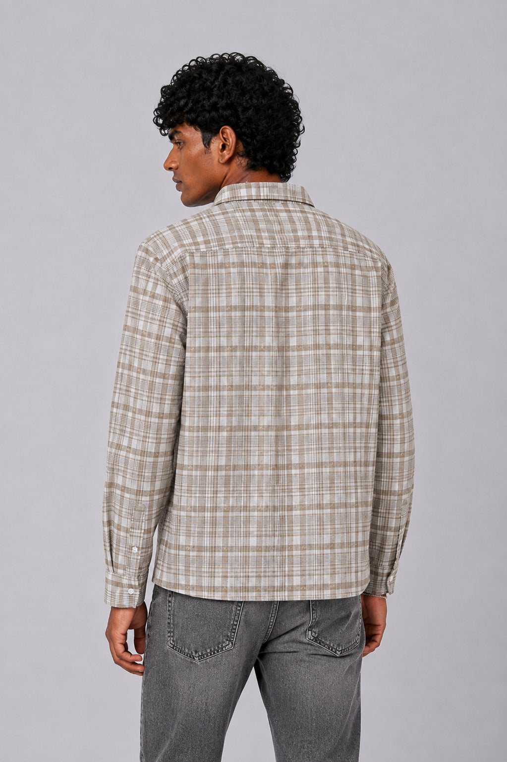 Mens Beige Checkered Cotton Regular Fit Shirt - Image 5