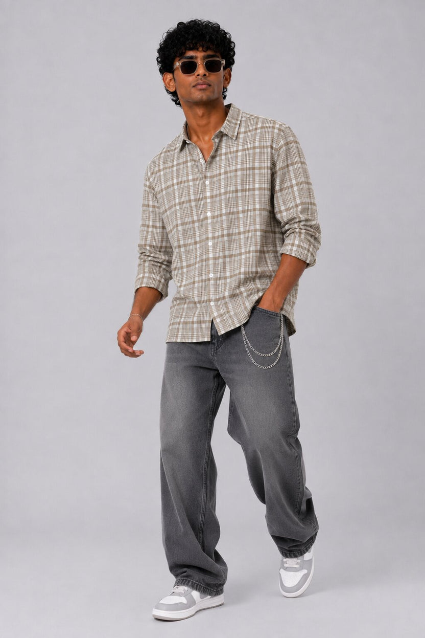 Mens Beige Checkered Cotton Regular Fit Shirt - Image 6