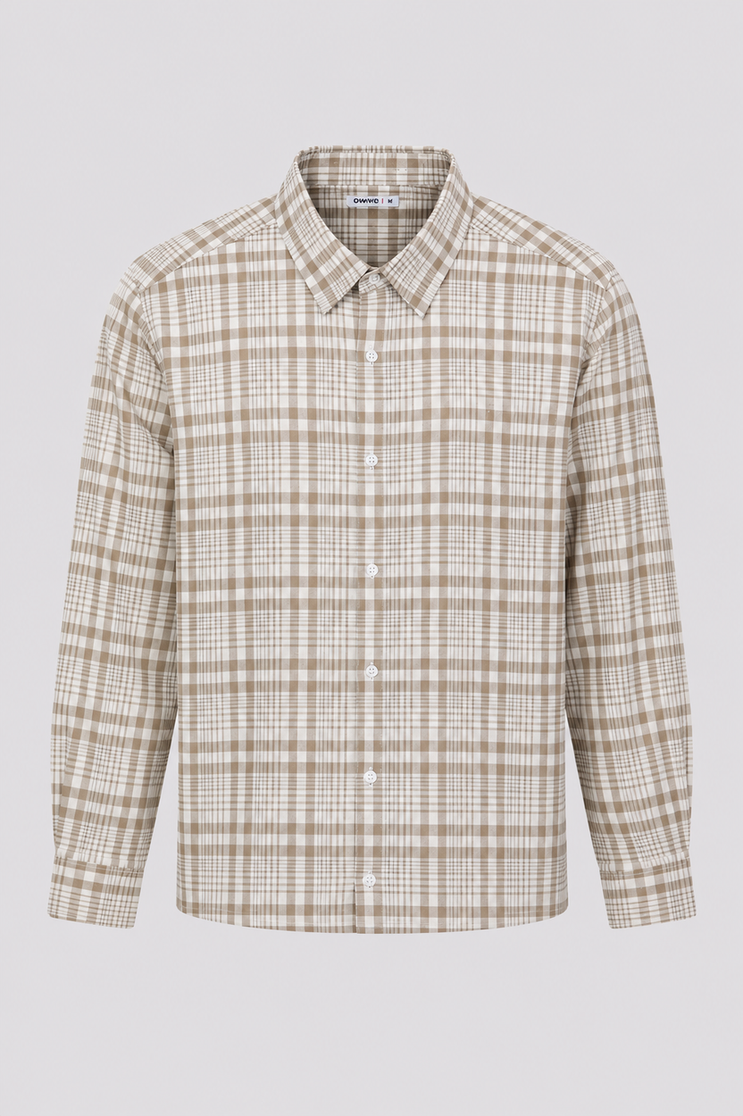 Mens Beige Checkered Cotton Regular Fit Shirt - Image 7