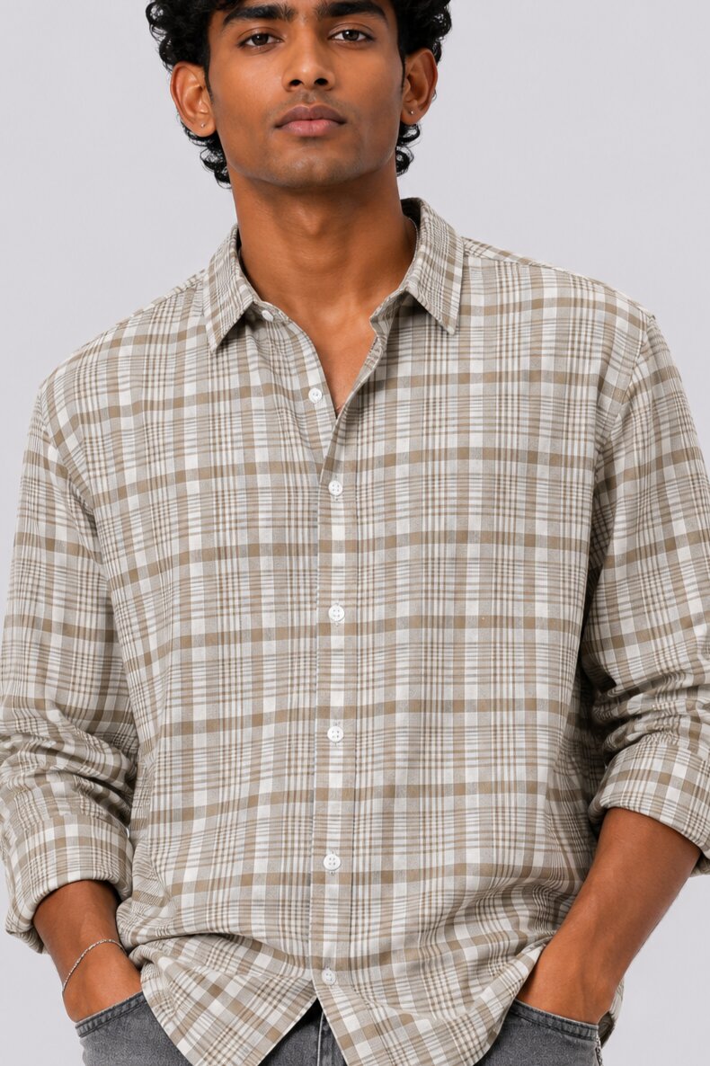 Mens Beige Checkered Cotton Regular Fit Shirt - Image 9