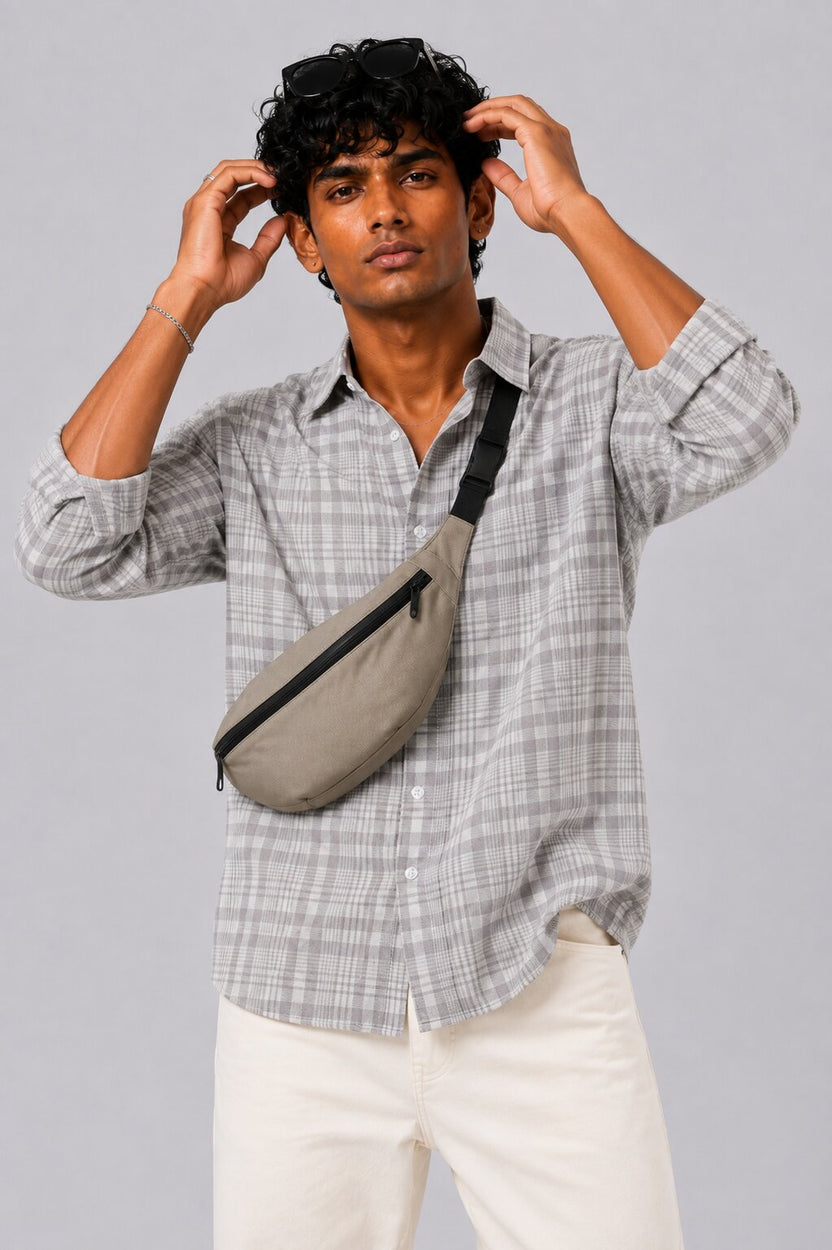 Mens Grey Checkered Cotton Regular Fit Shirt - Image 1