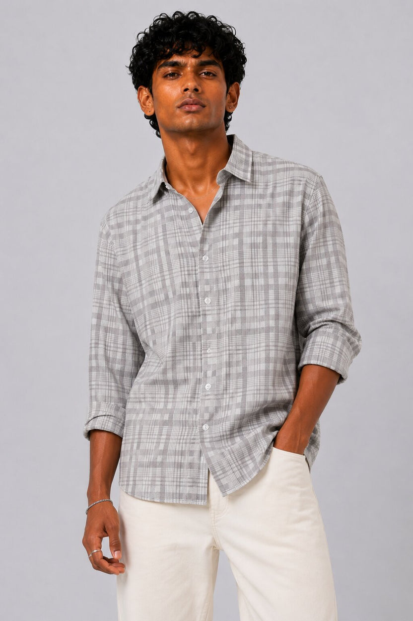 Mens Grey Checkered Cotton Regular Fit Shirt - Image 2