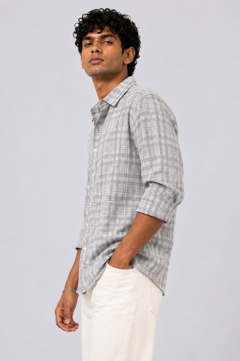 Mens Grey Checkered Cotton Regular Fit Shirt - Image 4