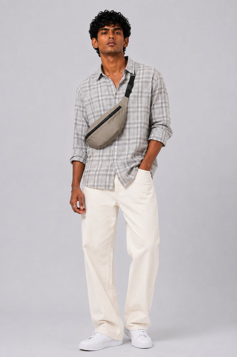 Mens Grey Checkered Cotton Regular Fit Shirt - Image 6