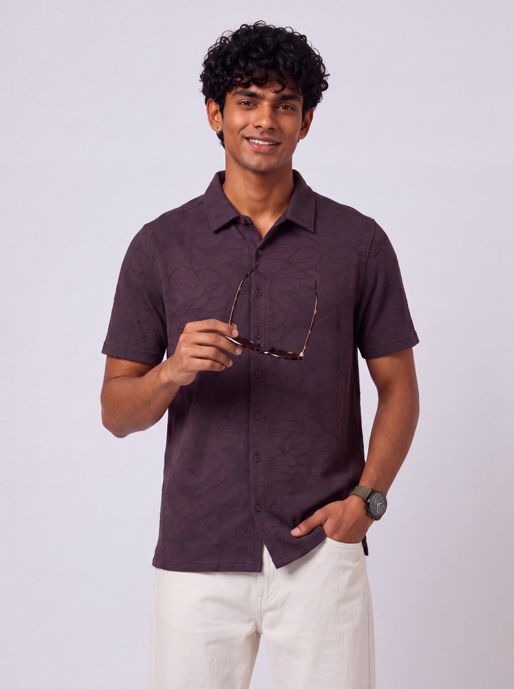 Mens Boxy Purple Self Design Festive Shirt - Image 1