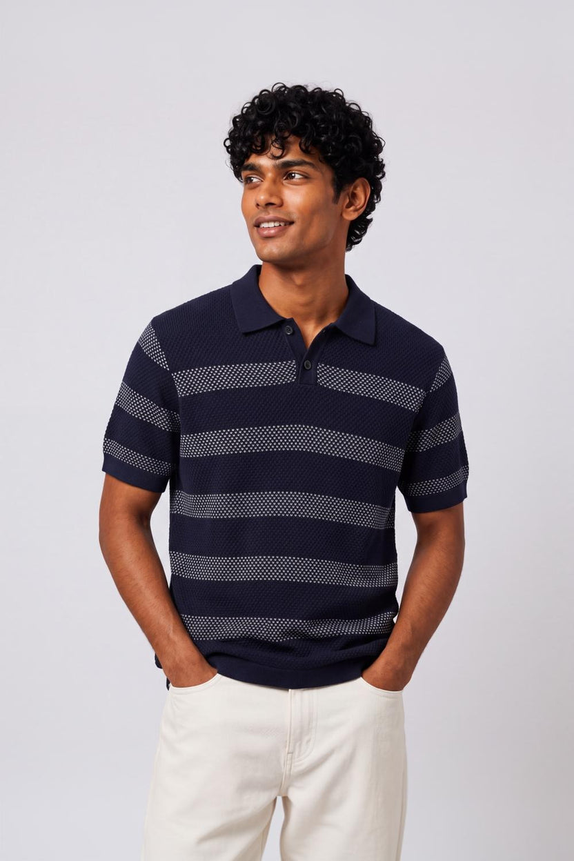 Mens Regular Fit Navy Striped Polo T-Shirt - Image 2