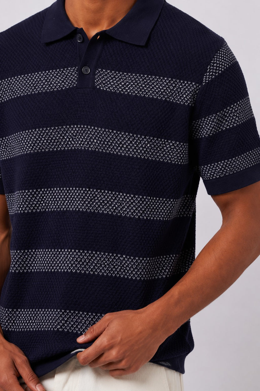 Mens Regular Fit Navy Striped Polo T-Shirt - Image 3