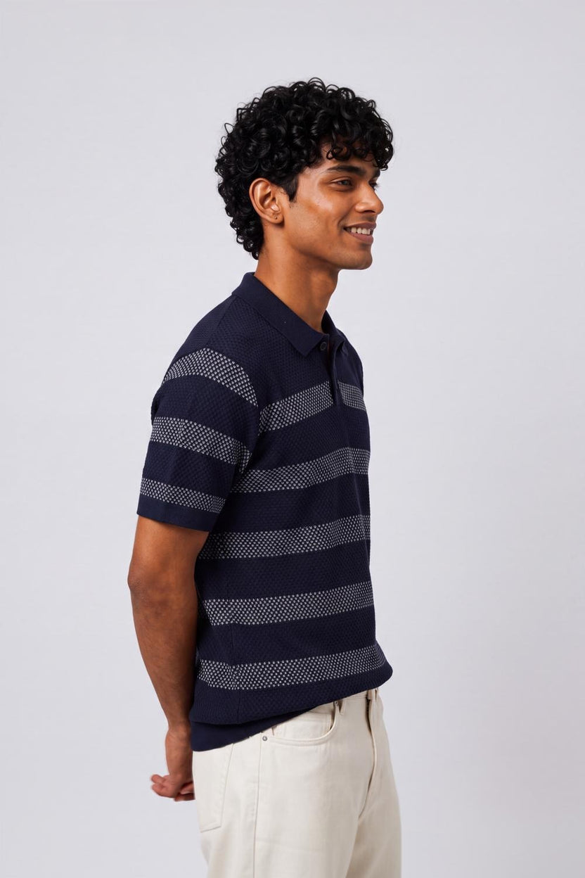 Mens Regular Fit Navy Striped Polo T-Shirt - Image 4