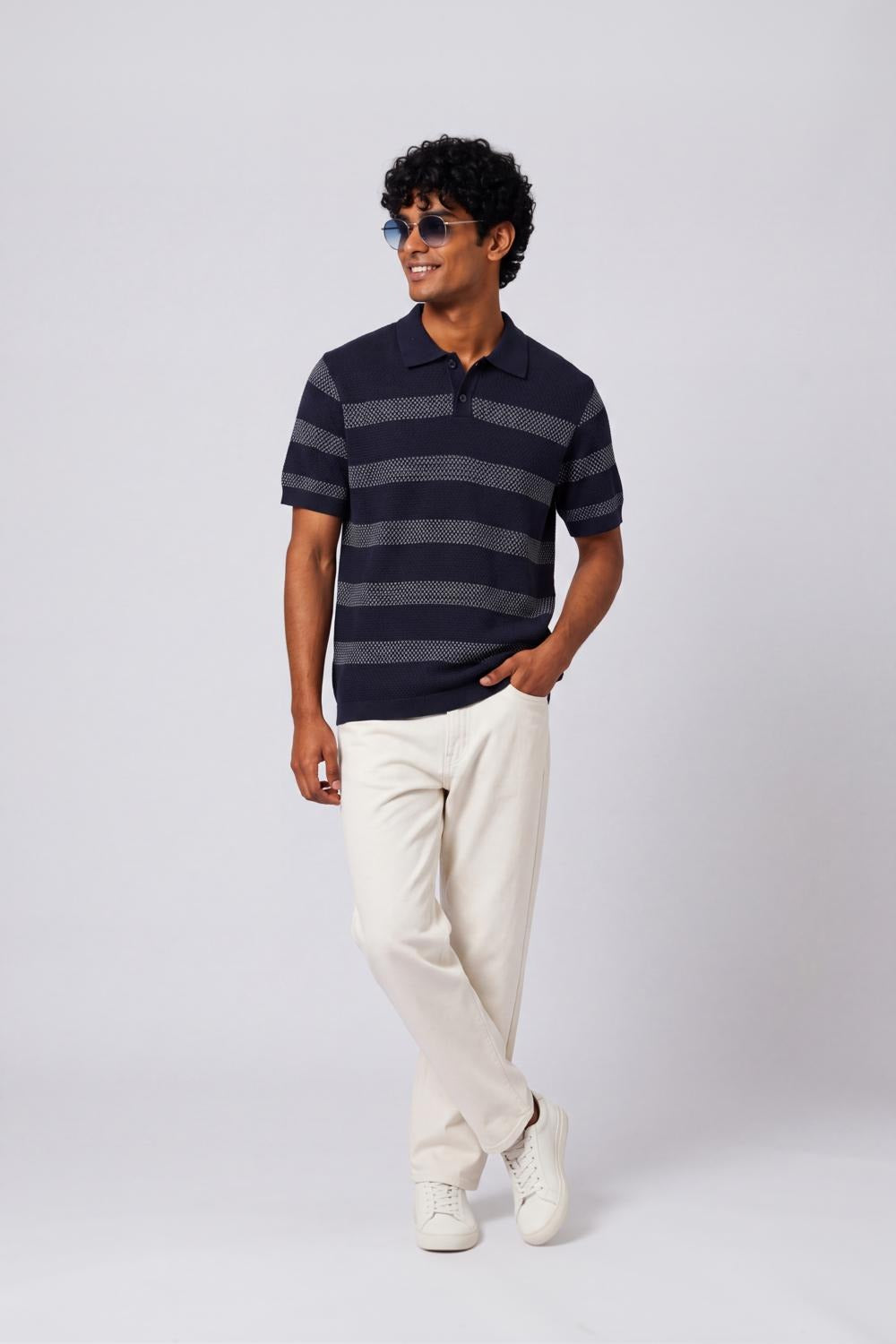 Mens Regular Fit Navy Striped Polo T-Shirt - Image 6