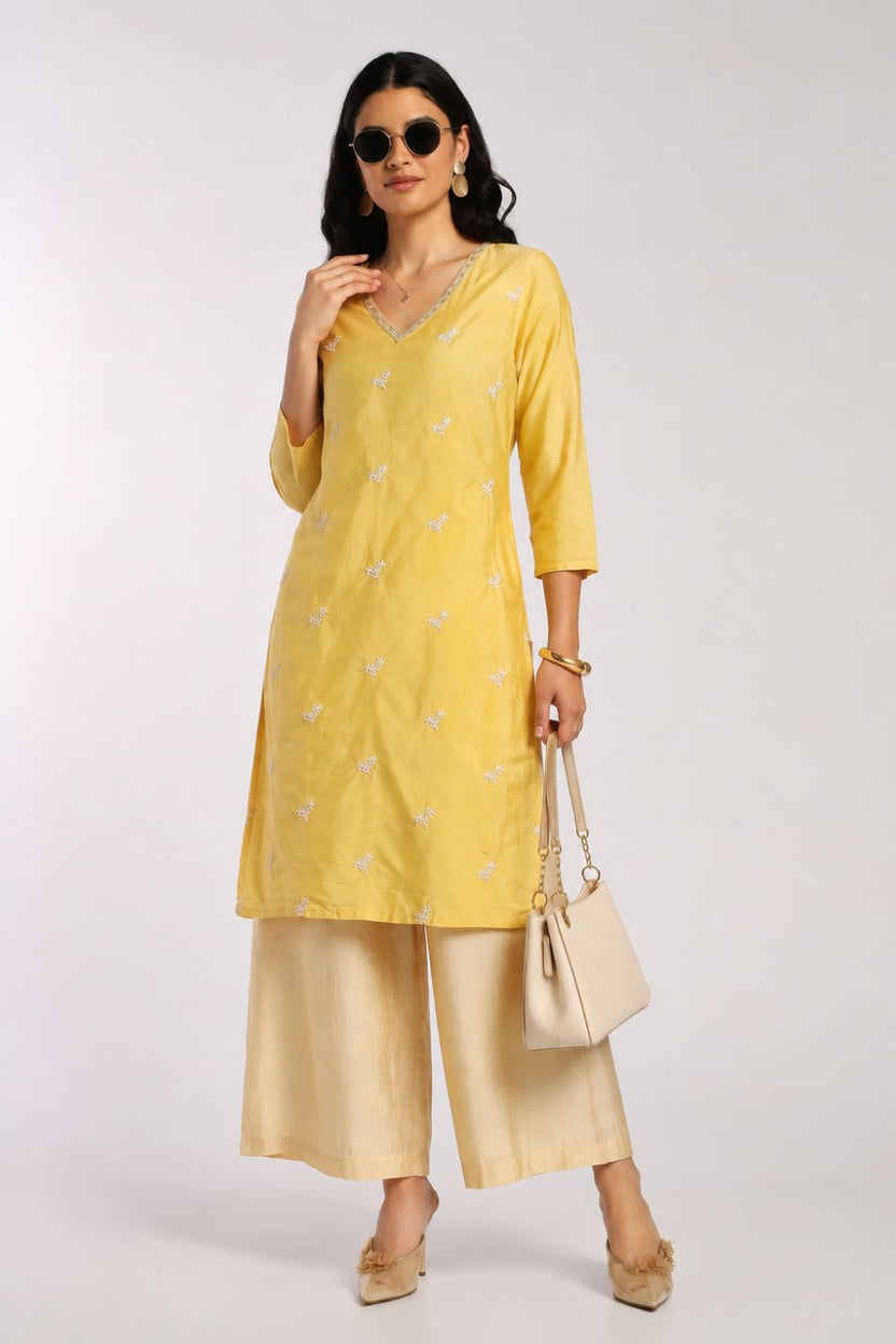 Womens Regular Fit Yellow Embroidered Kurta - Image 1