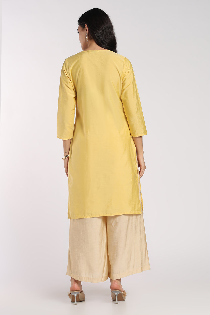 Womens Regular Fit Yellow Embroidered Kurta - Image 5