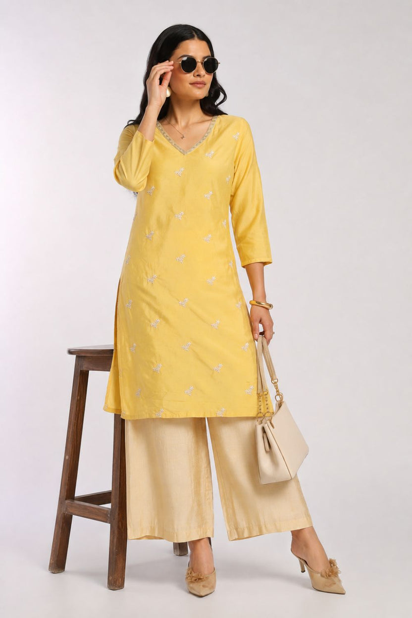 Womens Regular Fit Yellow Embroidered Kurta - Image 6
