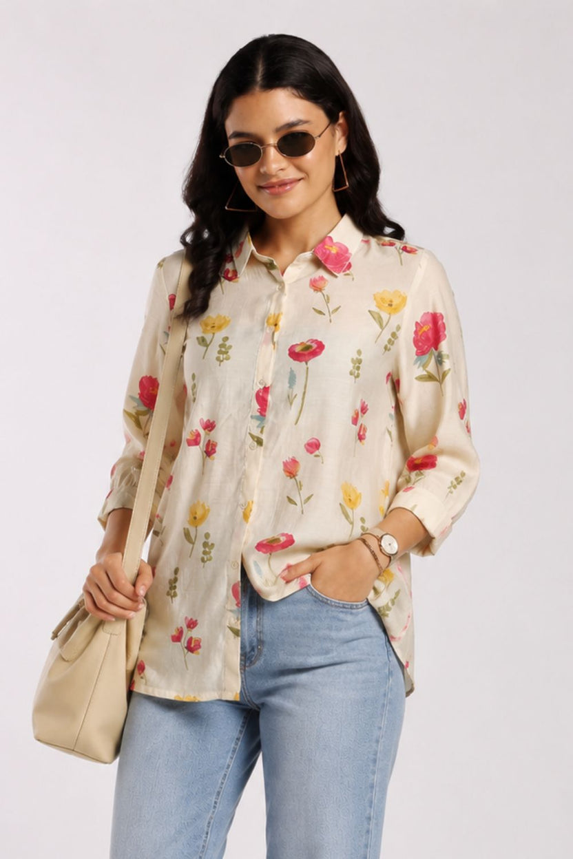 Womens Loose Fit Off White Printed Casual Shirt - Image 1