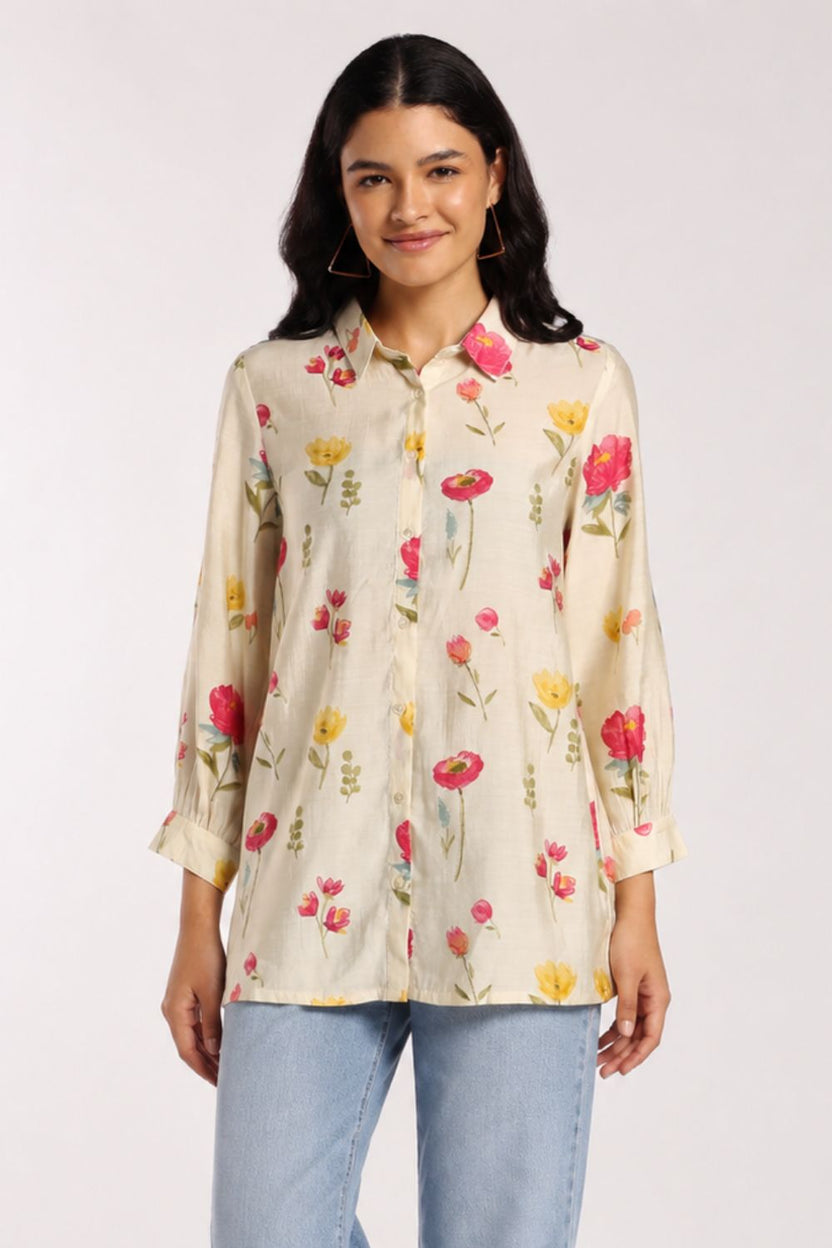 Womens Loose Fit Off White Printed Casual Shirt - Image 2