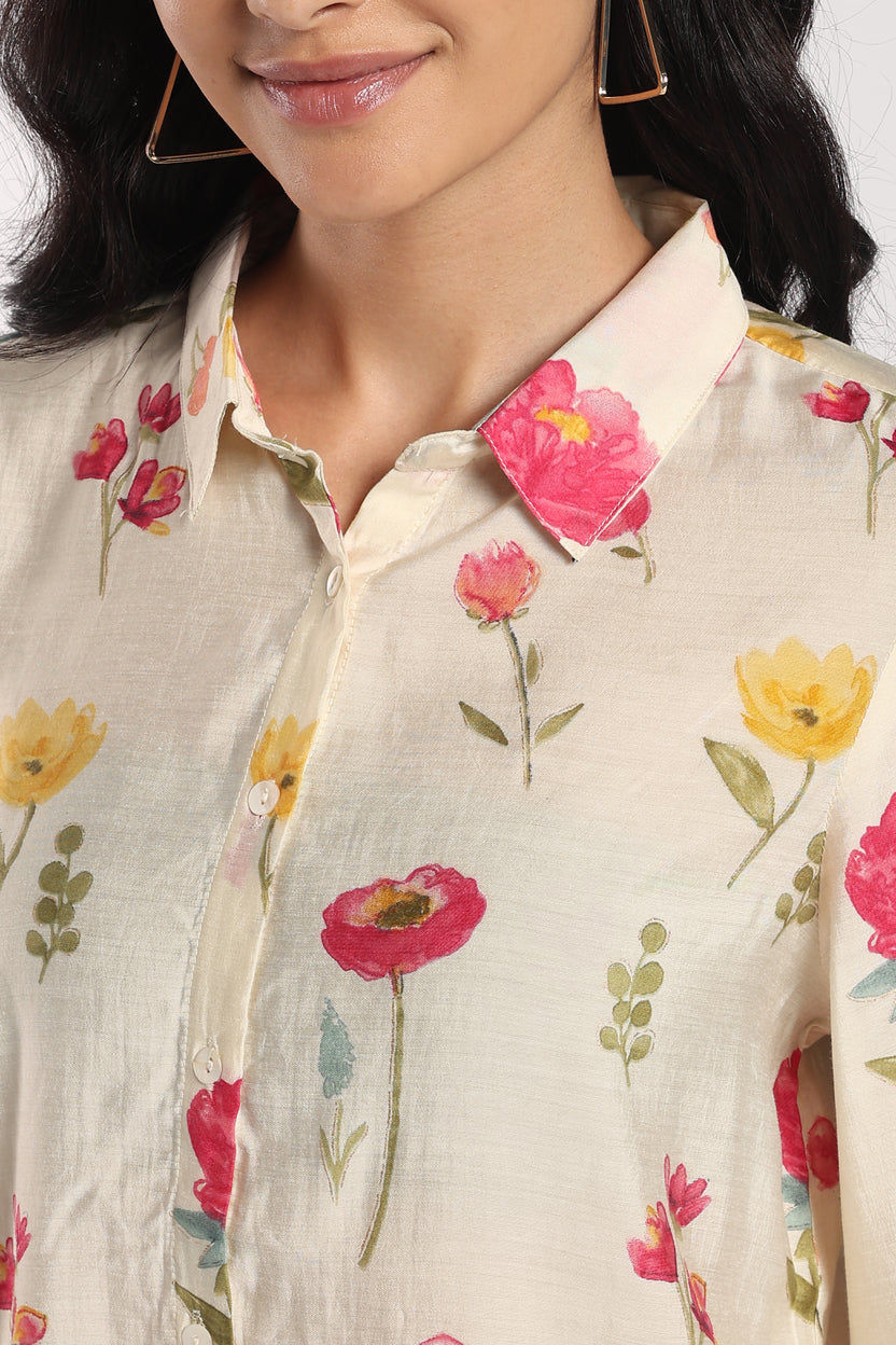 Womens Loose Fit Off White Printed Casual Shirt - Image 3