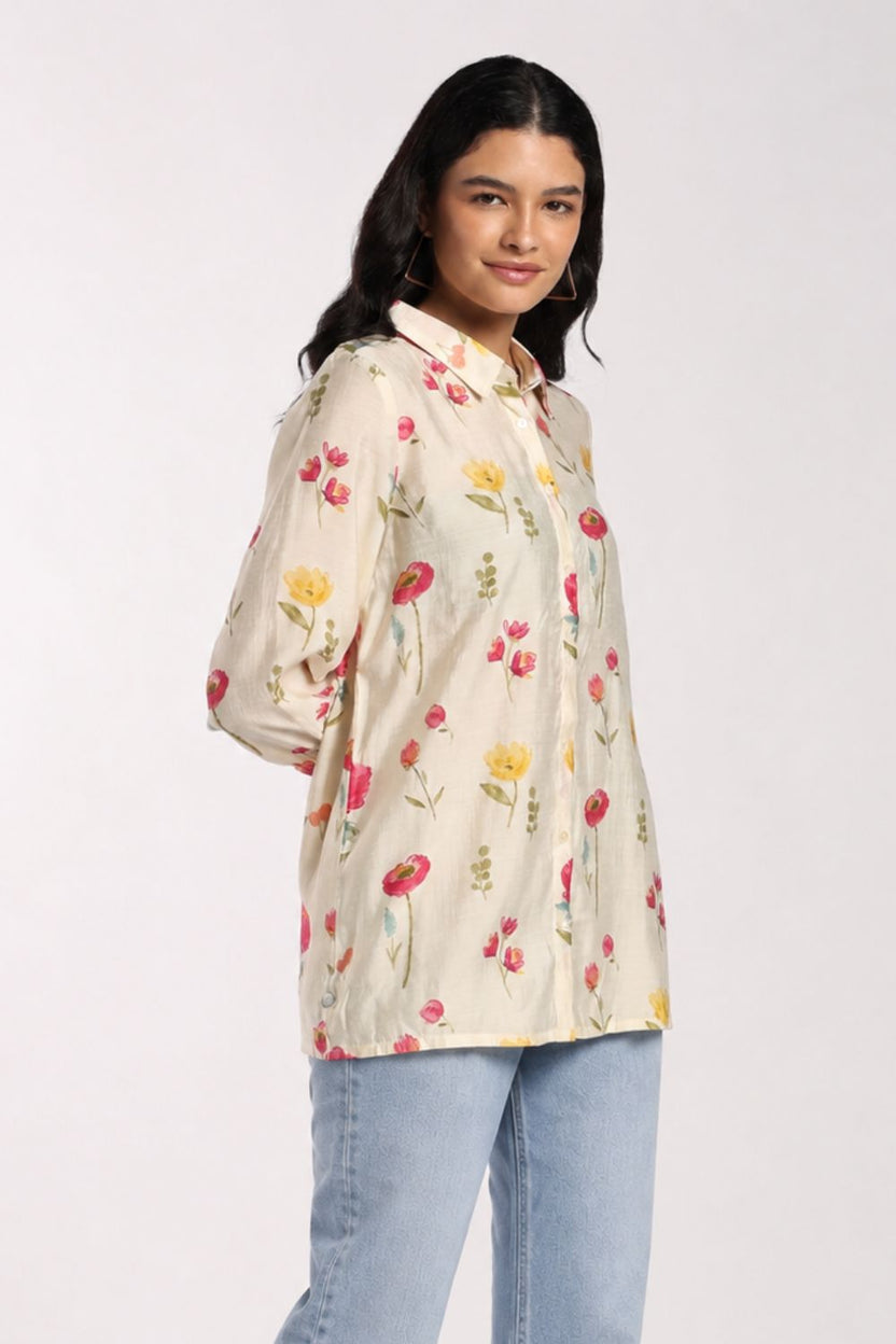 Womens Loose Fit Off White Printed Casual Shirt - Image 4