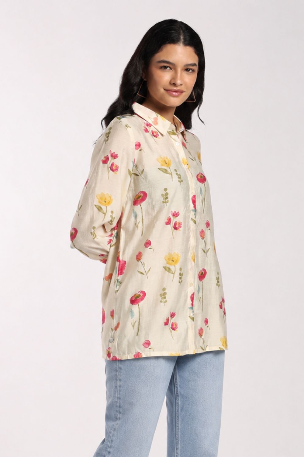 Womens Loose Fit Off White Printed Casual Shirt - Image 4