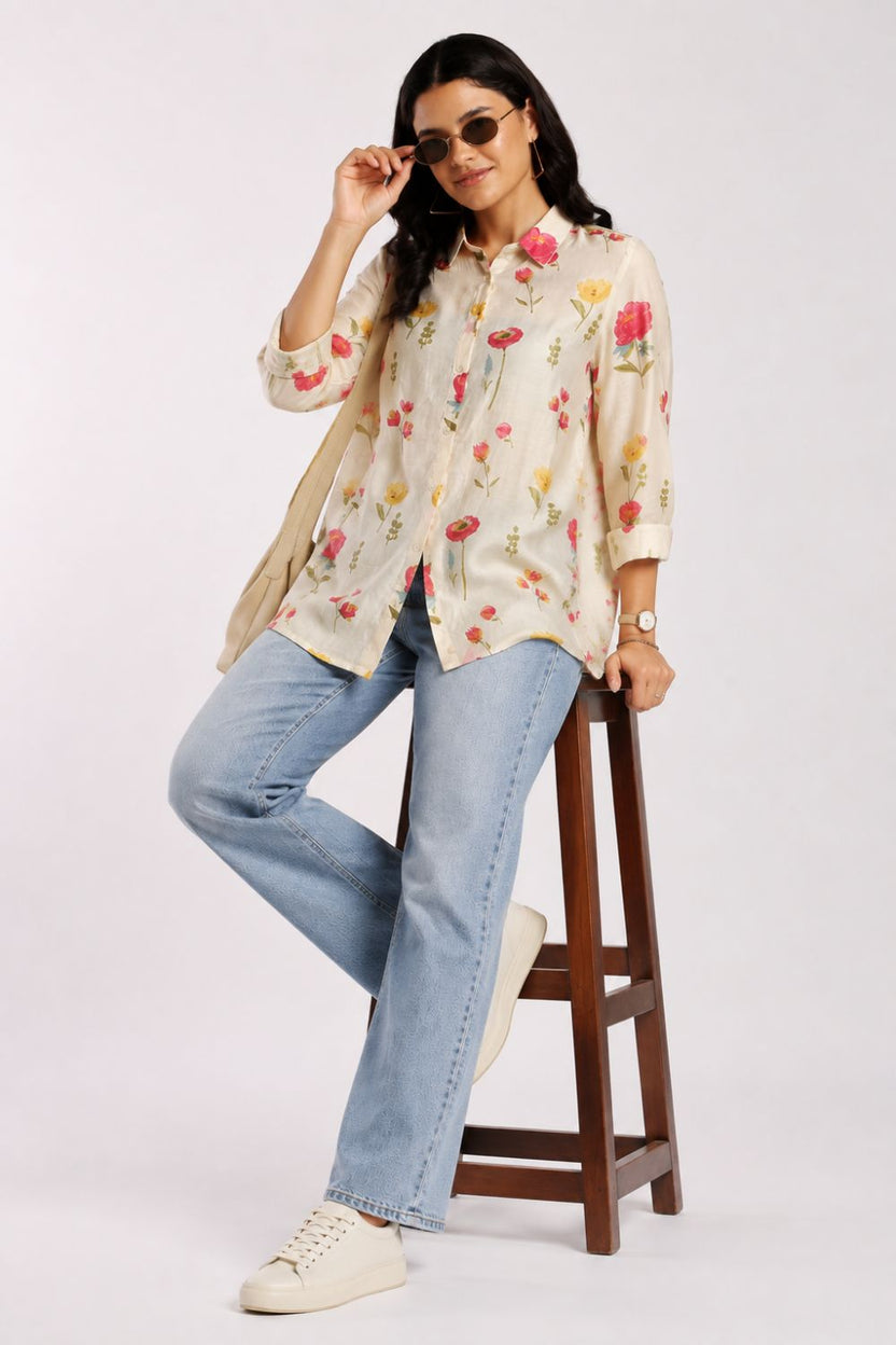 Womens Loose Fit Off White Printed Casual Shirt - Image 6