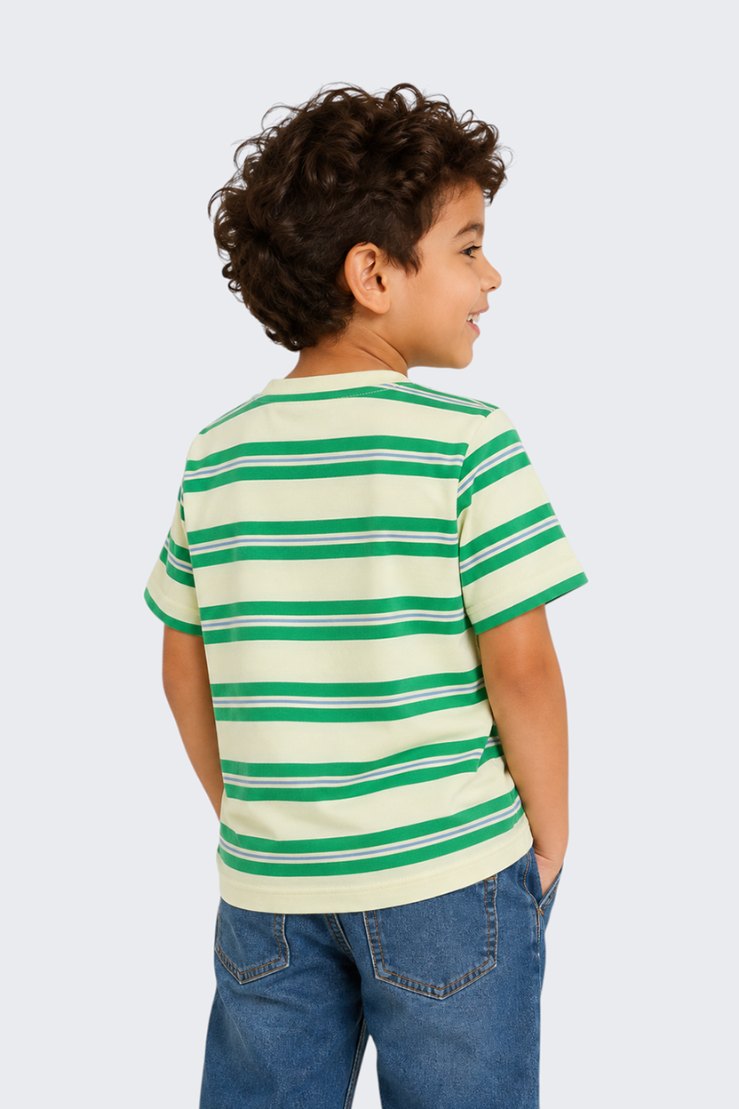 Boys Regular Fit Green Striped T-Shirt - Image 4