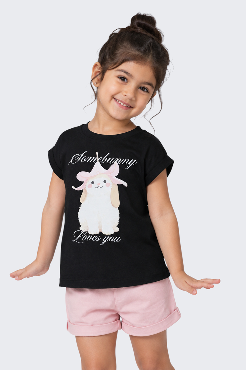 Girls Regular Fit Black Cartoon T-Shirt - Image 1