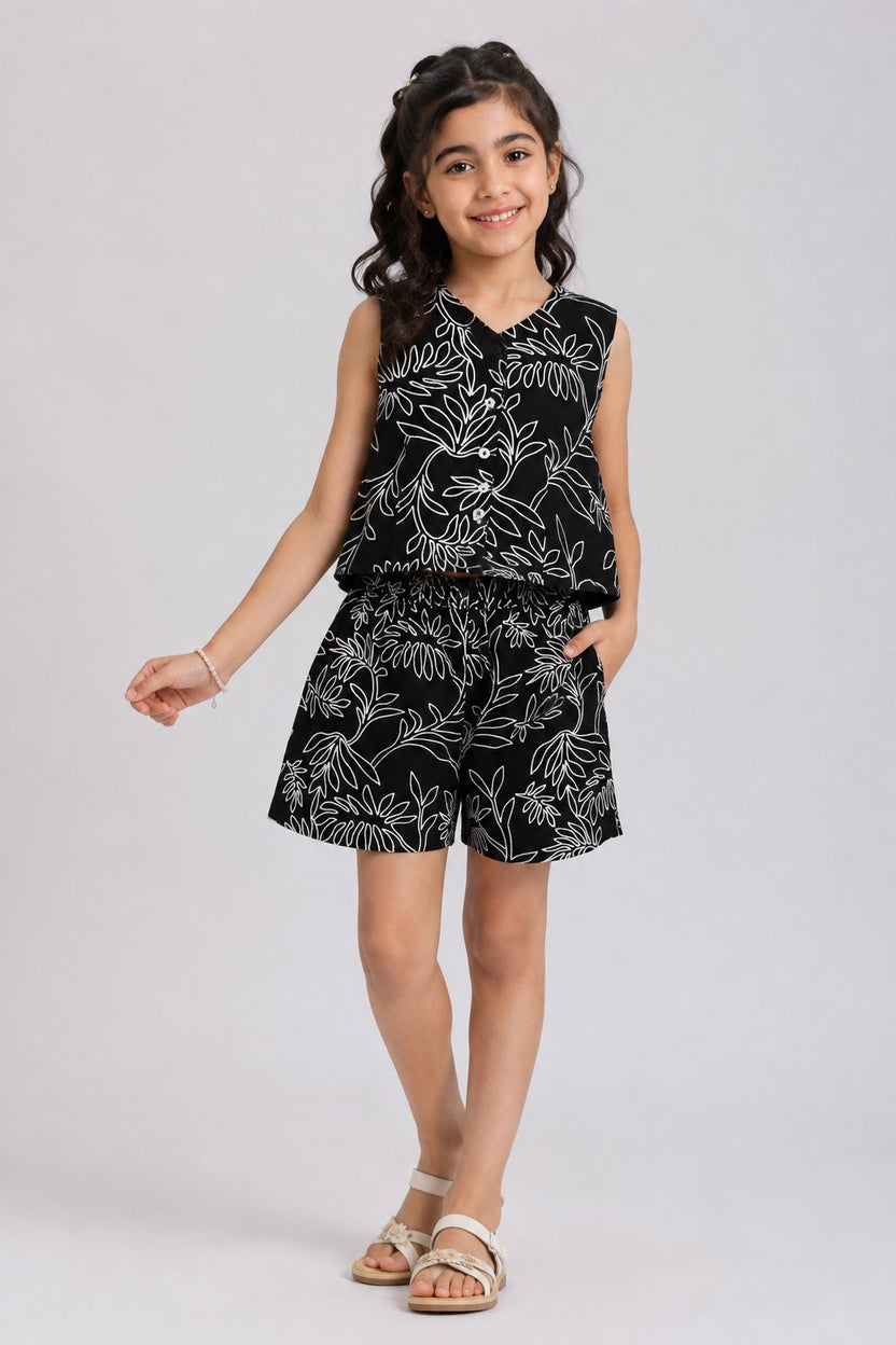 Tweens Girls Regular Fit Black Tropical Co-ord Set - Image 1