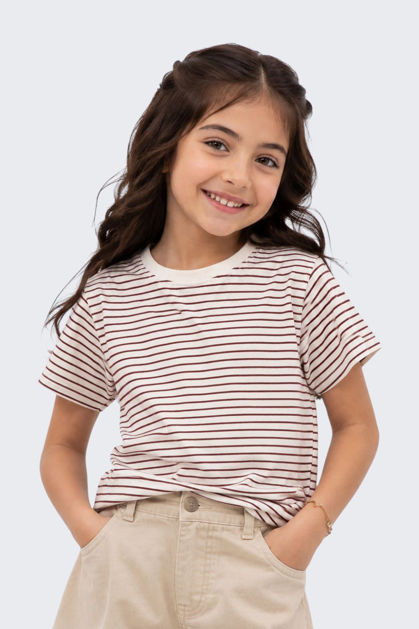 Tweens Girls Regular Fit White Striped T-Shirt - Image 1