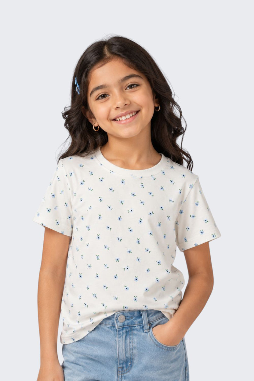 Tweens Girls Regular Fit White Floral T-Shirt - Image 1