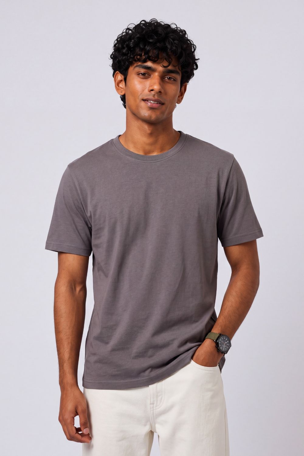 Mens Regular Fit Grey Solid T-Shirt - Image 2