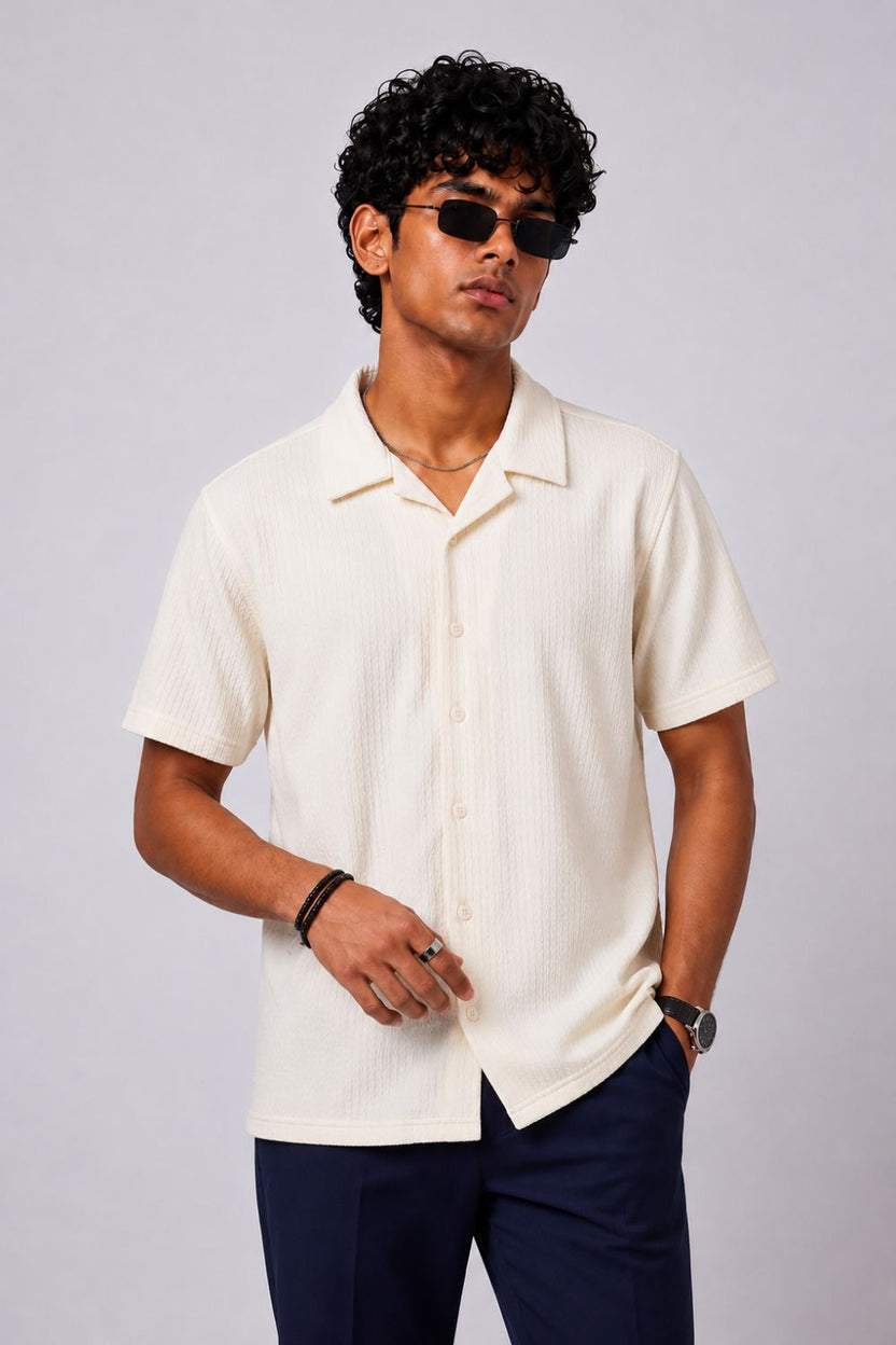 Mens Regular Fit Cream Self Design Casual Shirt - Image 1