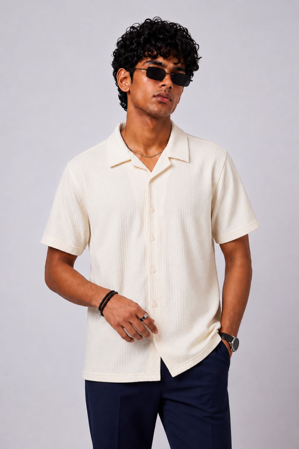 Mens Regular Fit Cream Self Design Casual Shirt - Image 1