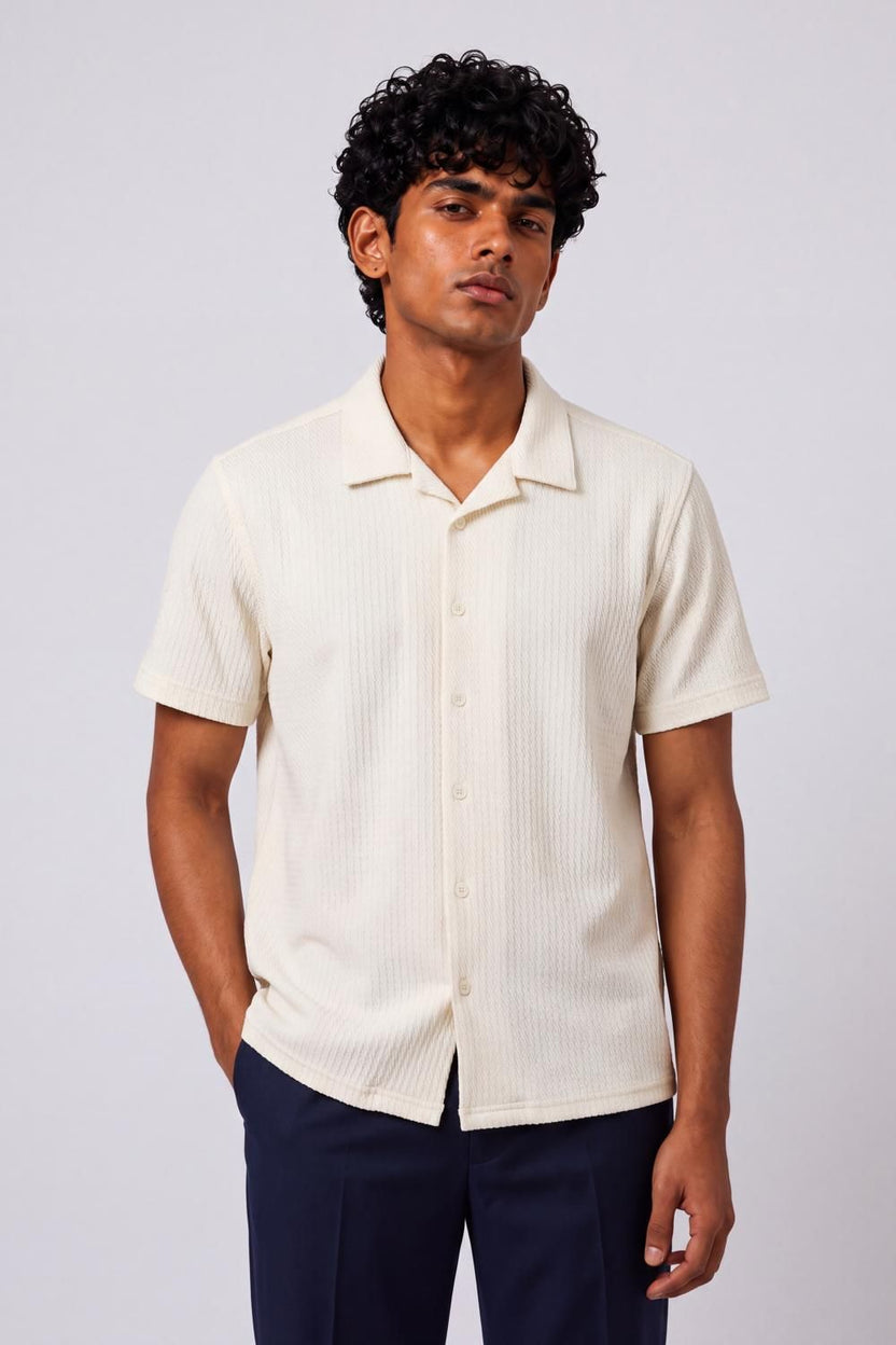 Mens Regular Fit Cream Self Design Casual Shirt - Image 2