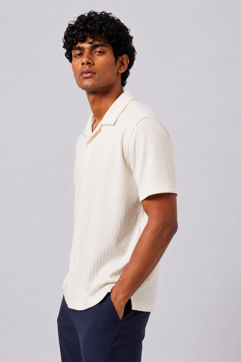 Mens Regular Fit Cream Self Design Casual Shirt - Image 4