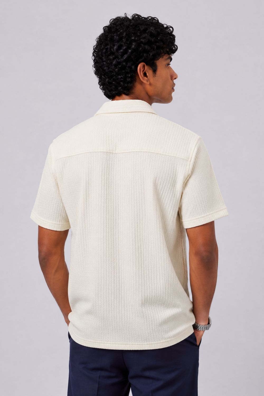 Mens Regular Fit Cream Self Design Casual Shirt - Image 5