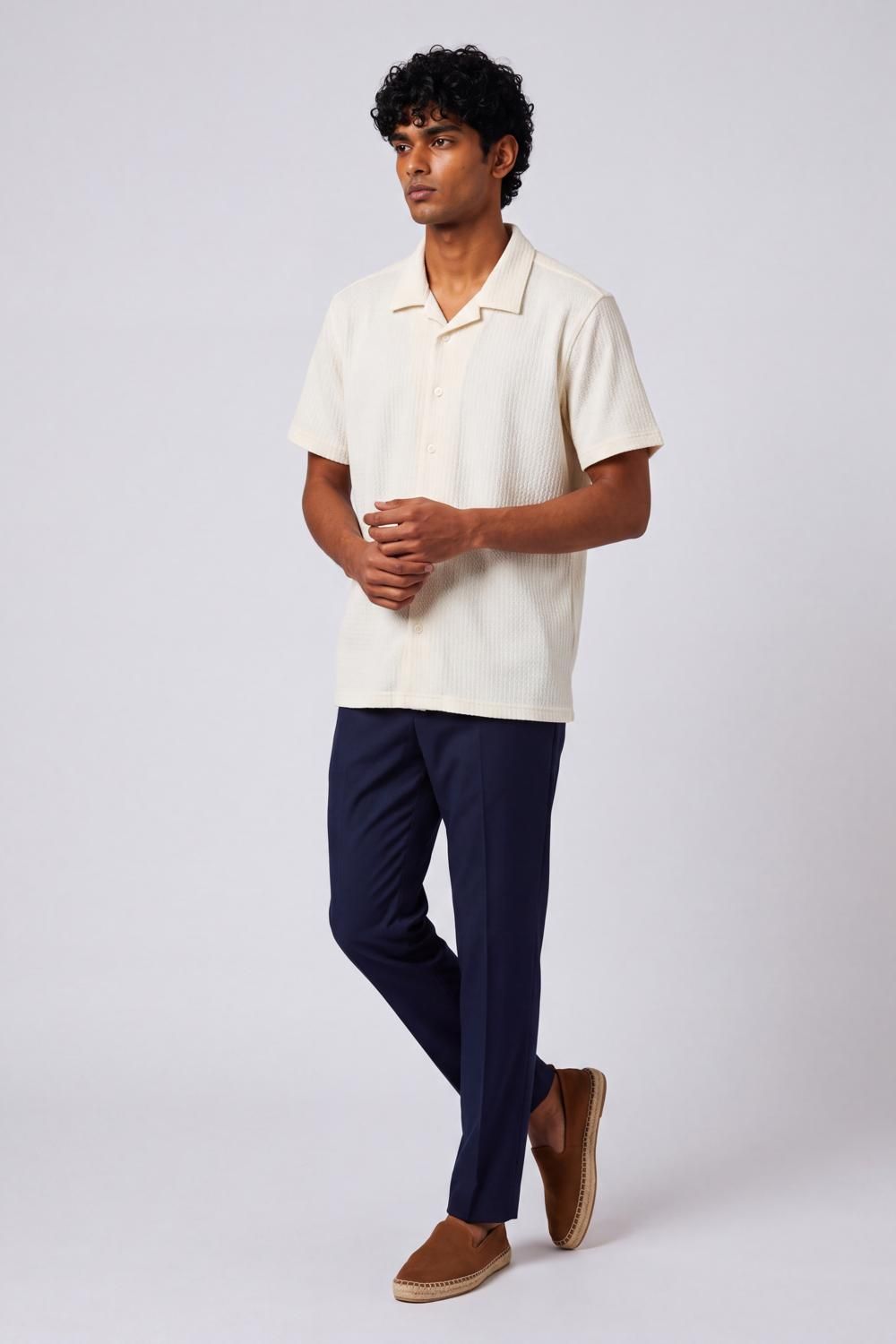 Mens Regular Fit Cream Self Design Casual Shirt - Image 6