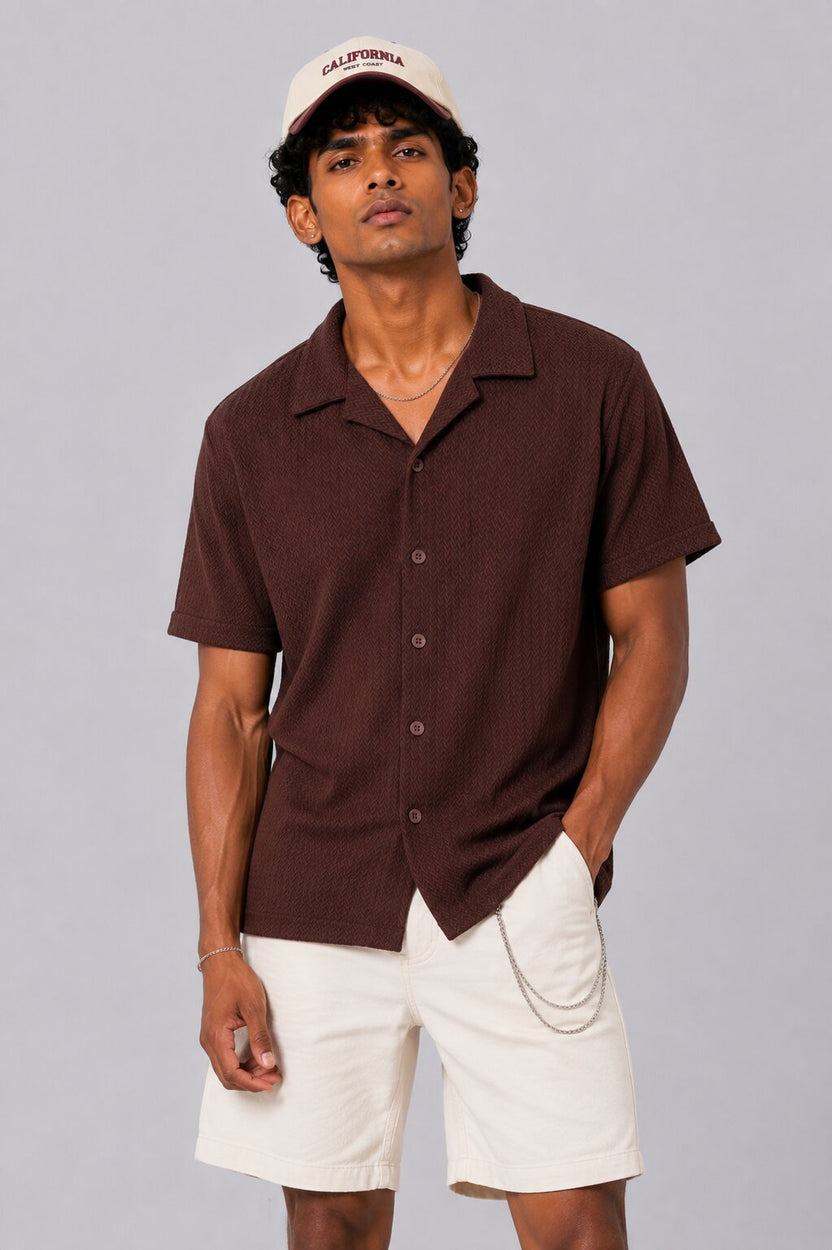 Mens Regular Fit Brown Textured Casual Shirt - Image 1