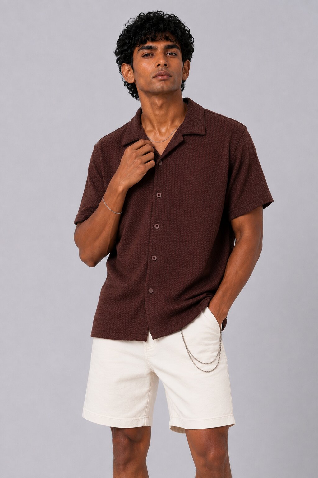 Mens Regular Fit Brown Textured Casual Shirt - Image 2