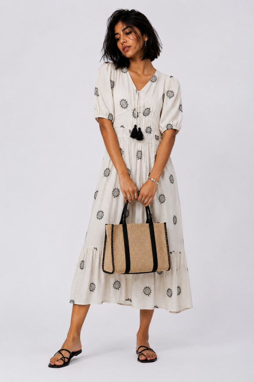 Womens Off White Puff Sleeves Flared Fit Dress - Image 1