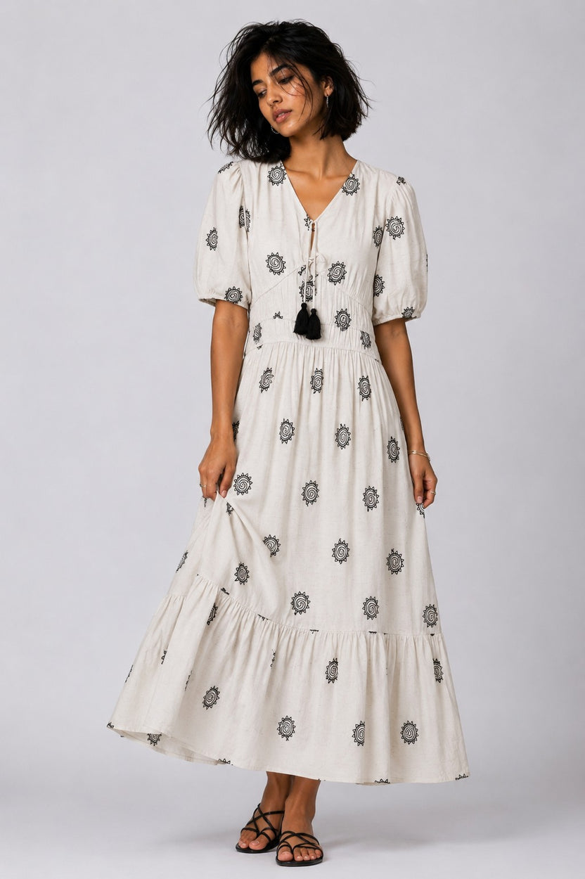 Womens Off White Puff Sleeves Flared Fit Dress - Image 2