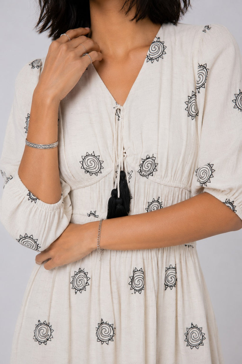 Womens Off White Puff Sleeves Flared Fit Dress - Image 3