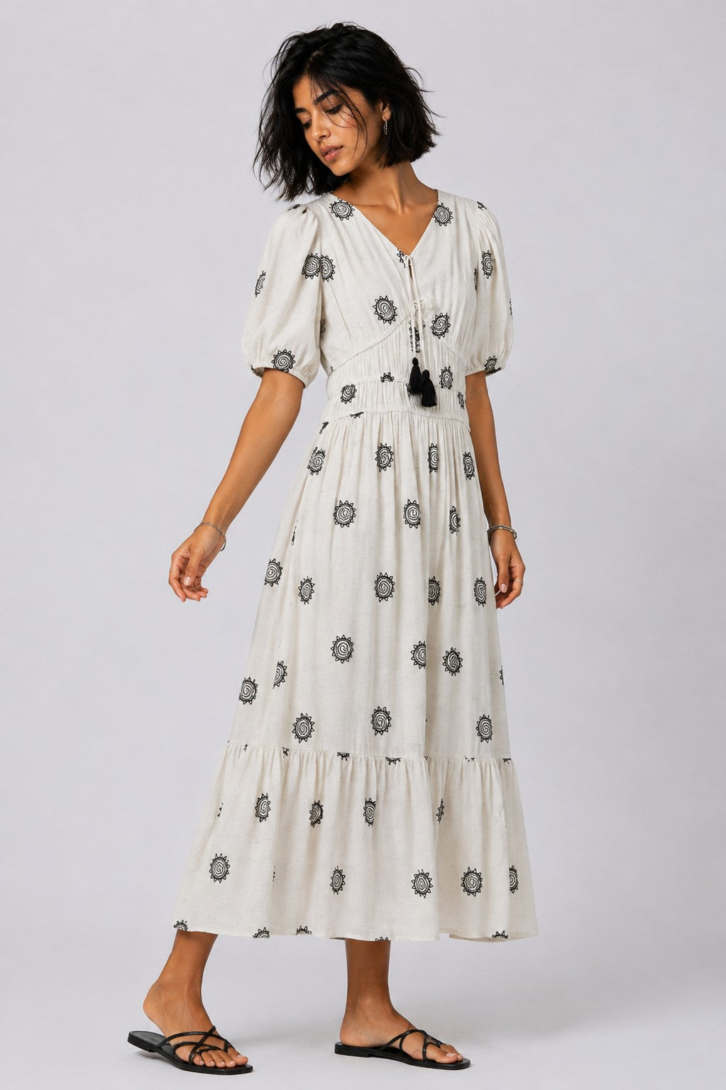Womens Off White Puff Sleeves Flared Fit Dress - Image 4