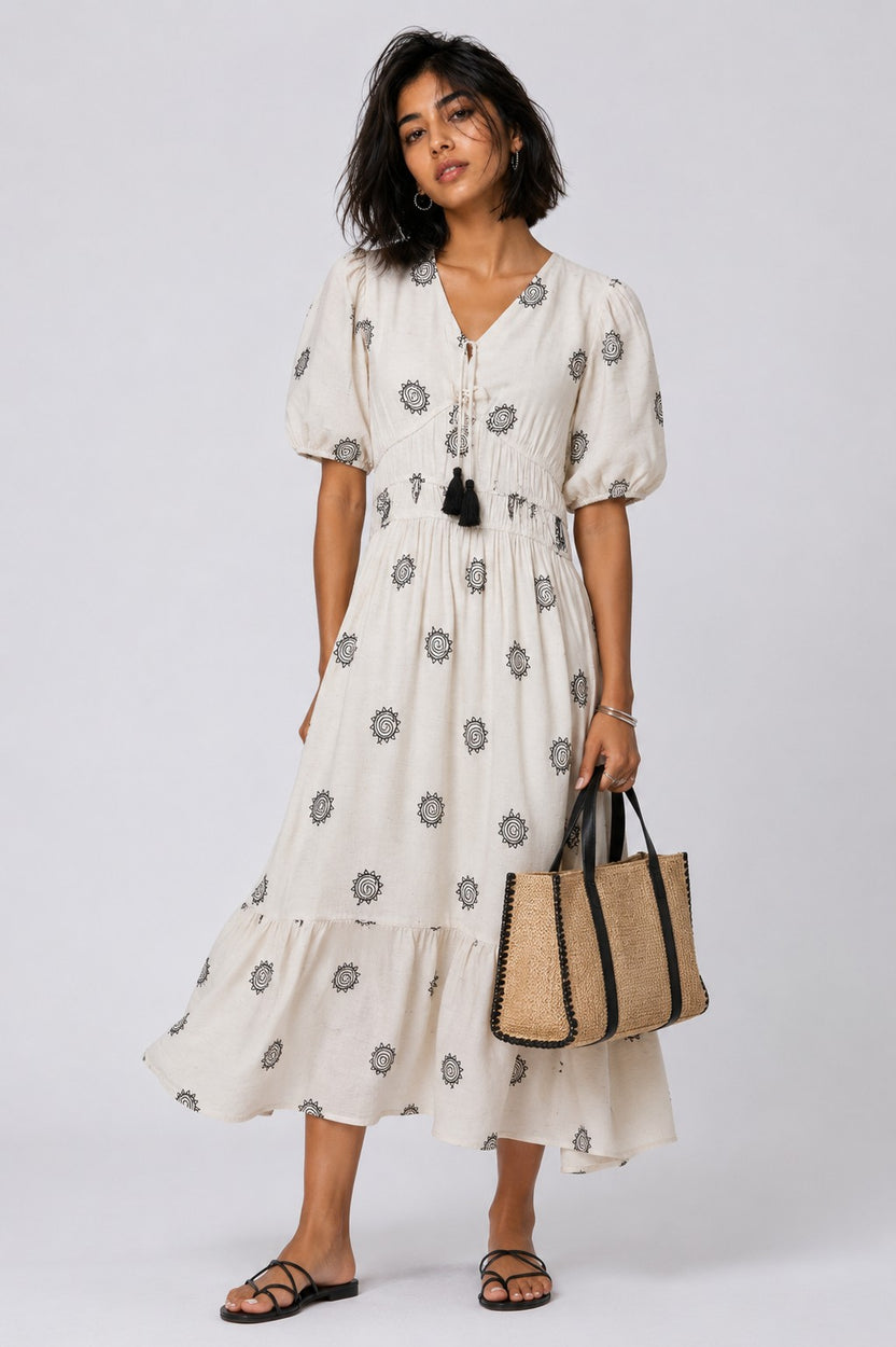 Womens Off White Puff Sleeves Flared Fit Dress - Image 6