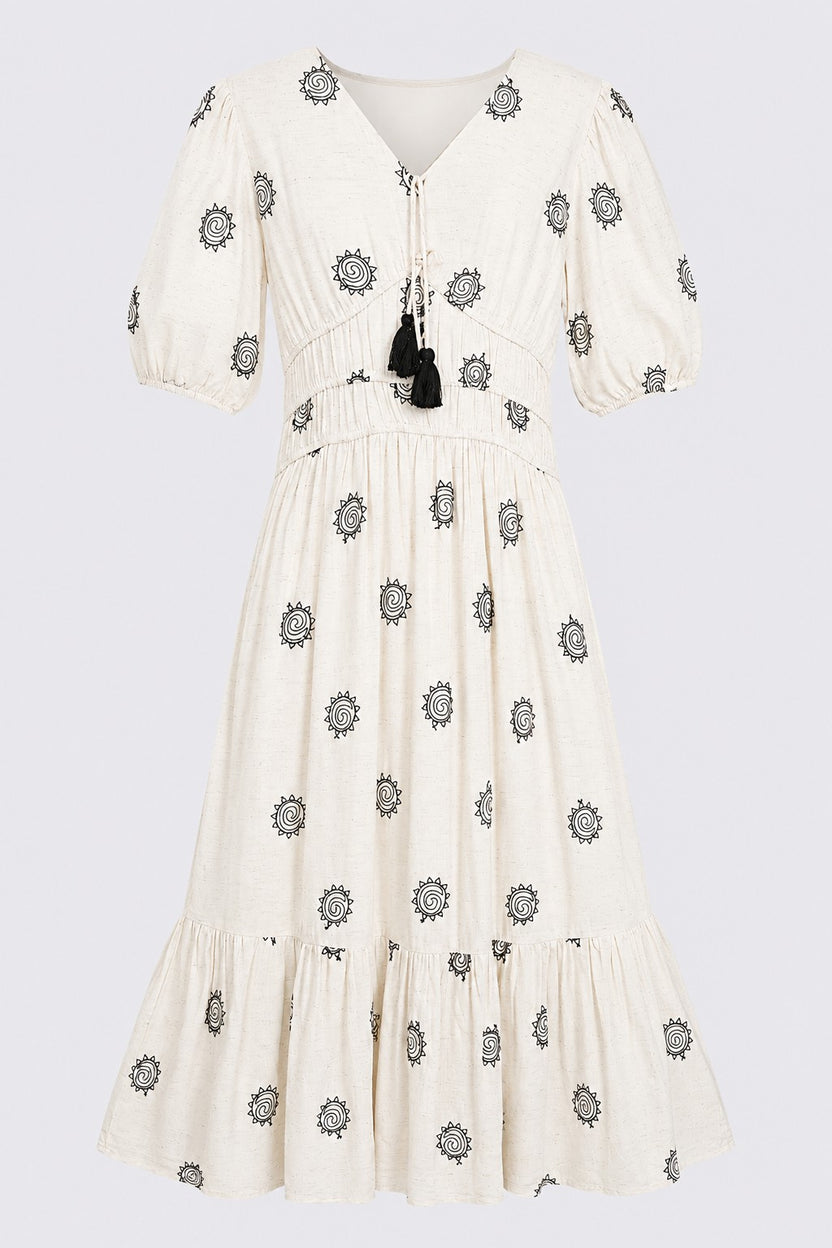 Womens Off White Puff Sleeves Flared Fit Dress - Image 7
