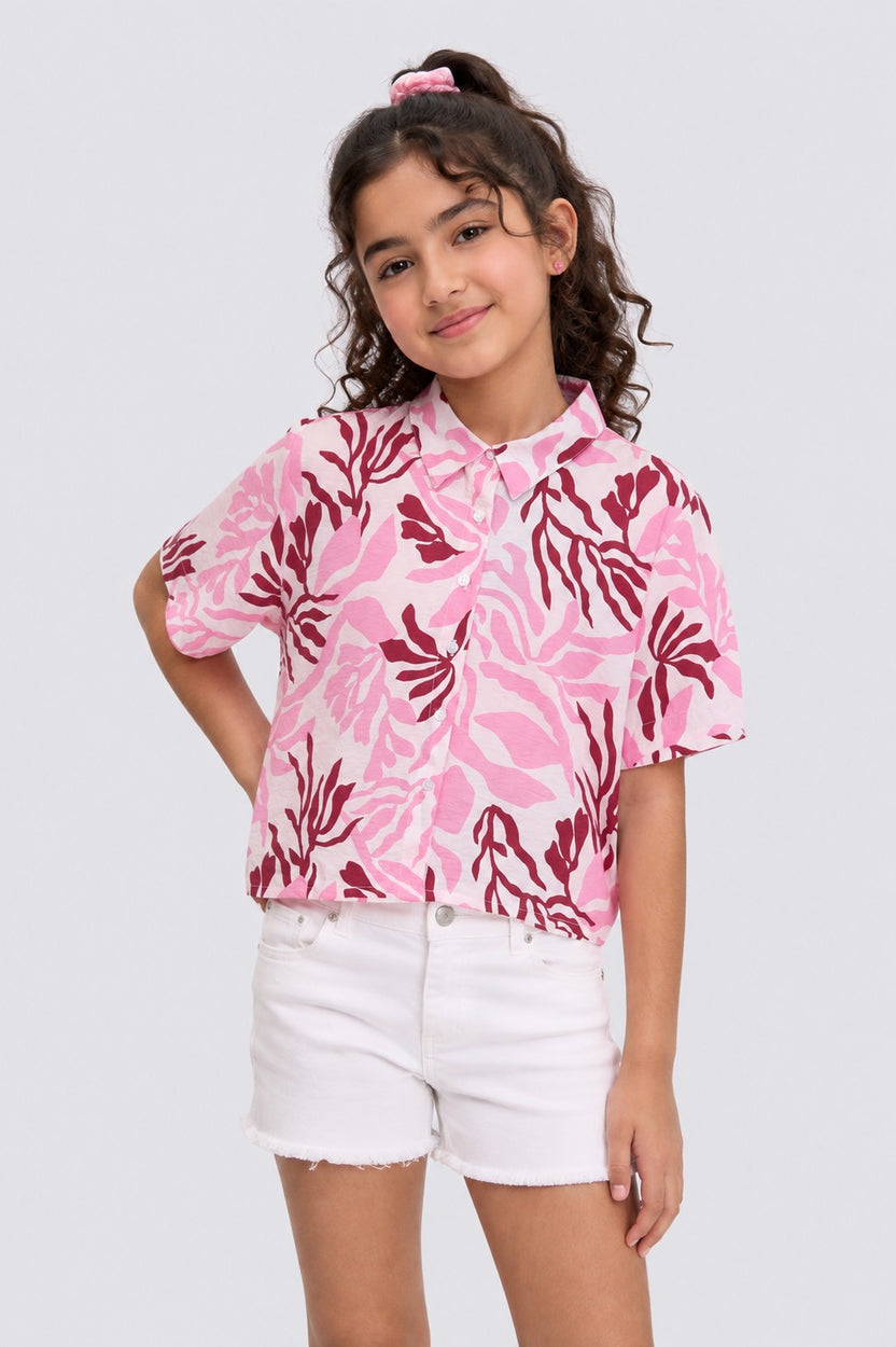 Tweens Girls Boxy Fit Pink Tropical Casual Shirt - Image 1