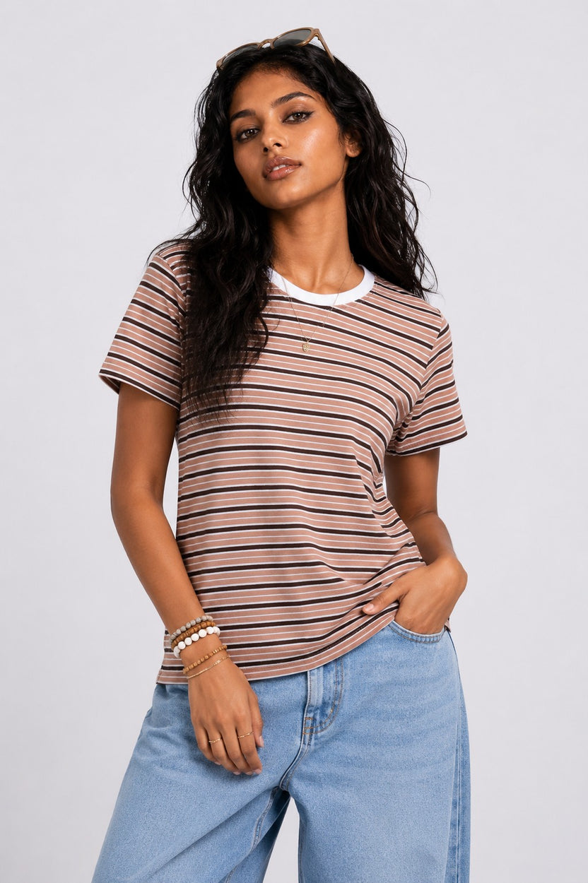 Womens Regular Fit Brown Striped T-Shirt - Image 1