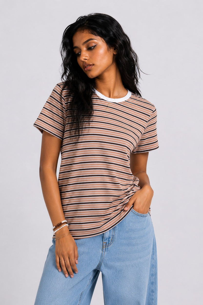 Womens Regular Fit Brown Striped T-Shirt - Image 2